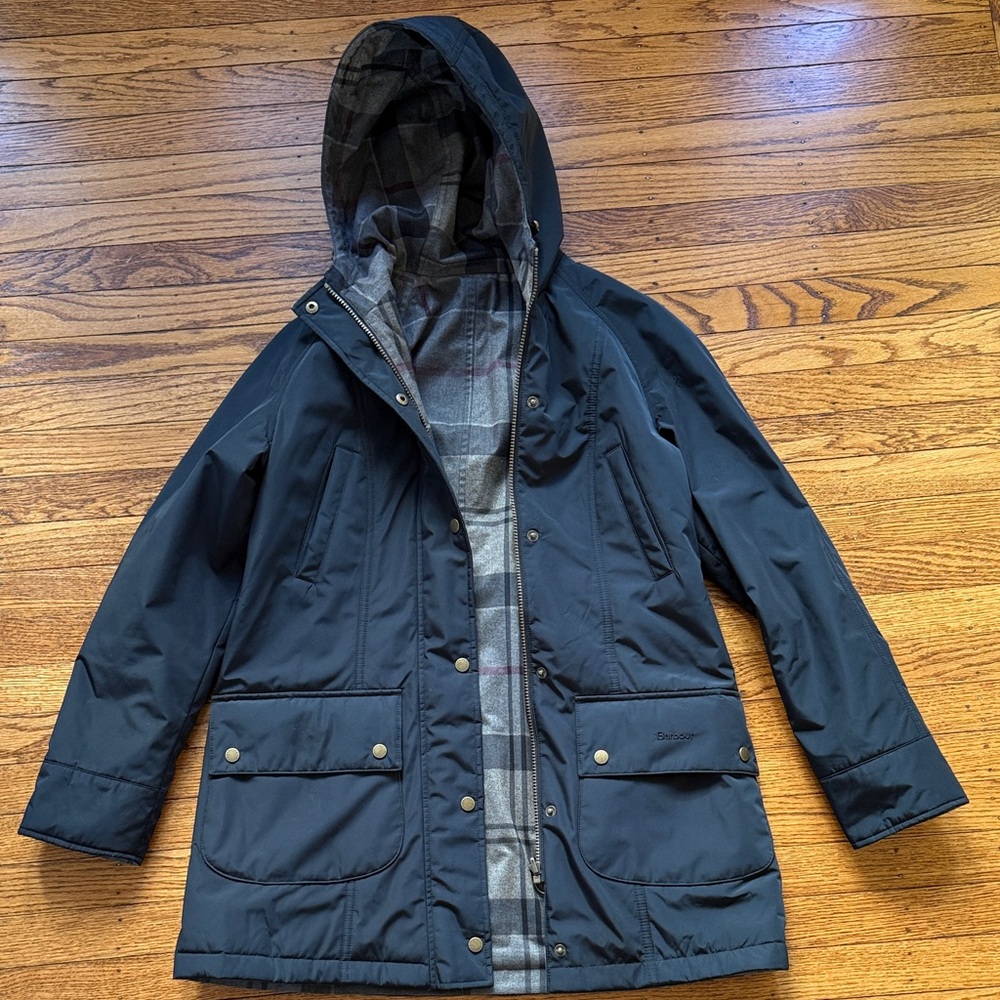 Barbour Women’s Black Hooded Raincoat with Gray Plaid Lining Westhill Reversible